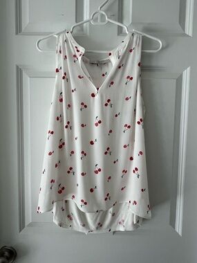 LOFT Cream Sleeveless Cherry-Print V-Neck Blouse
